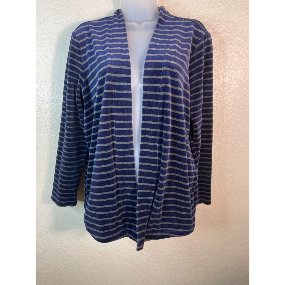 Talbots Womens 1XP Cardigan Blue Grey Striped Velour Open Front Pockets Casual